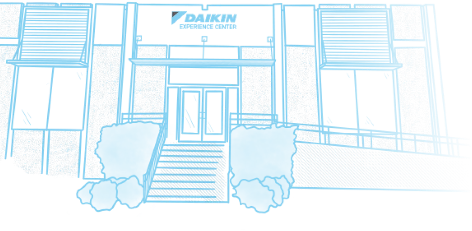 Daikin Experience Center building with stairs and landscaping in blue outline