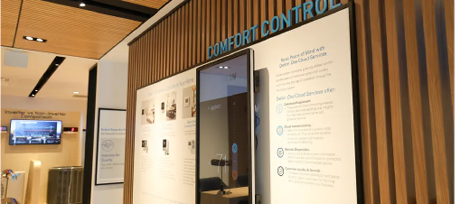 Comfort Control display with information panels and screens in modern interior