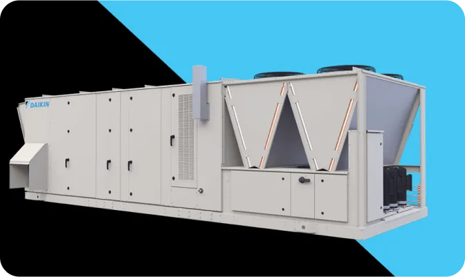 Large Daikin industrial air conditioning unit on blue and black background