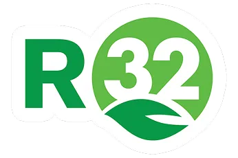 R32 logo with green leaf symbolizing environmental sustainability