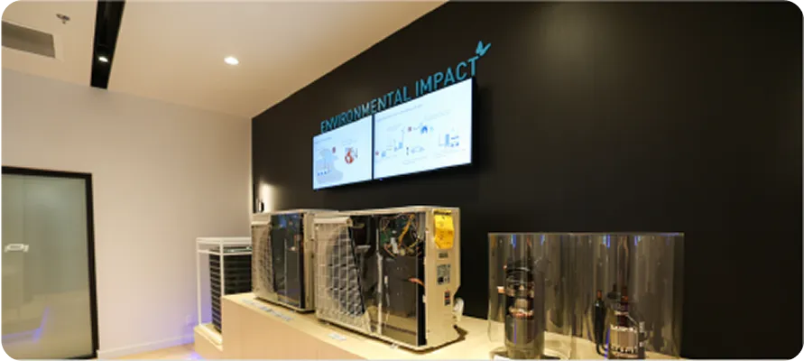 Environmental impact display with technical equipment and digital screens