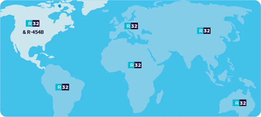 World map showing R-32 refrigerant locations across different continents