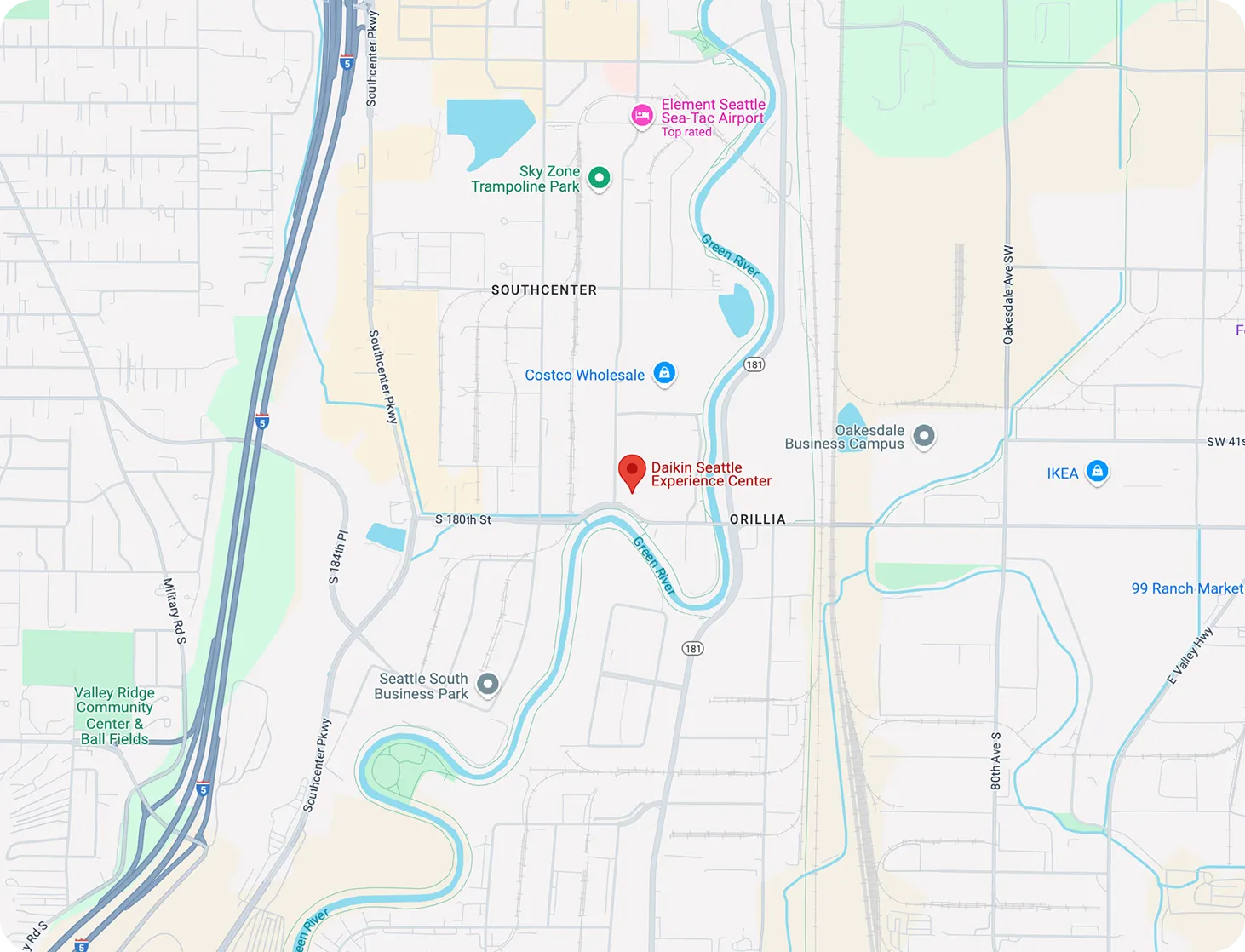Map of Seattle Southcenter area showing Daikin Experience Center location