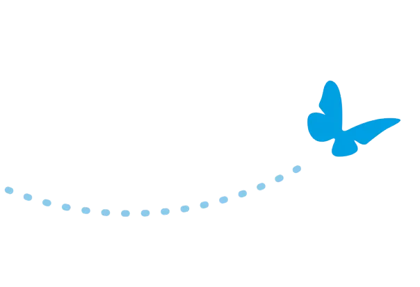 Blue butterfly flying with dotted trail on white background