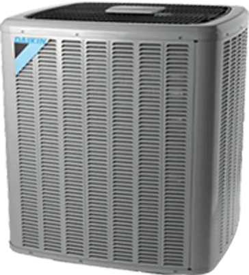 Gray metal air conditioning unit with blue logo and vented sides