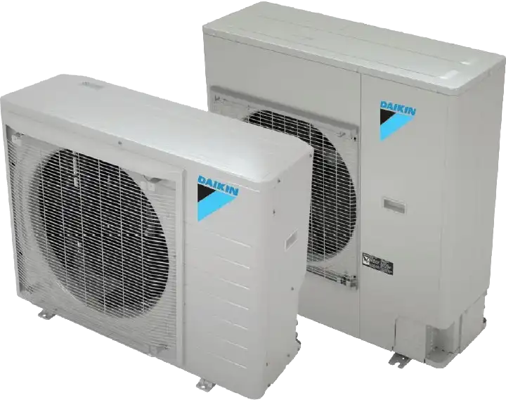 Two Daikin air conditioning outdoor units in gray with blue logo
