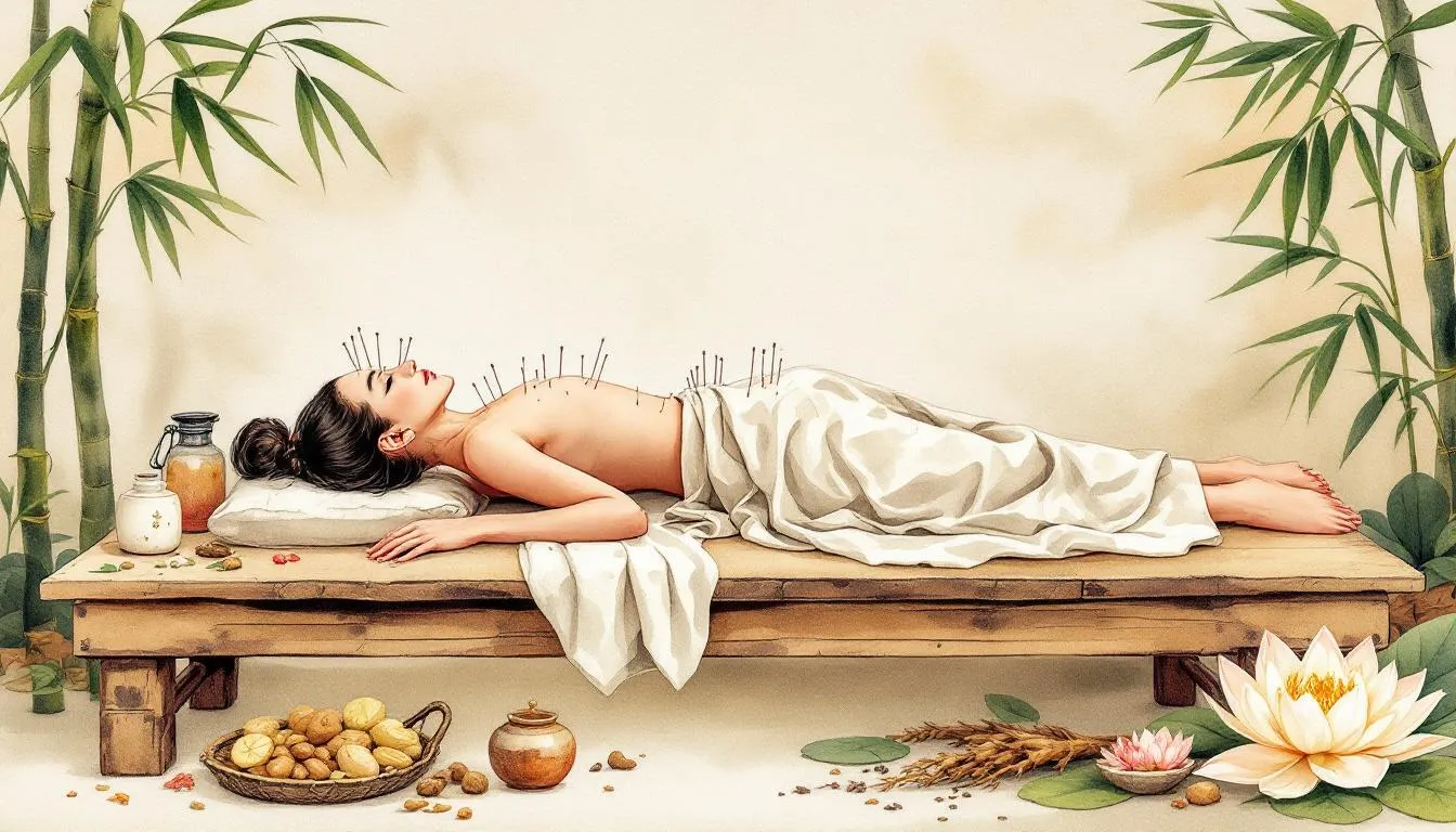 A person receiving acupuncture treatment as part of traditional Chinese medicine for IBS.