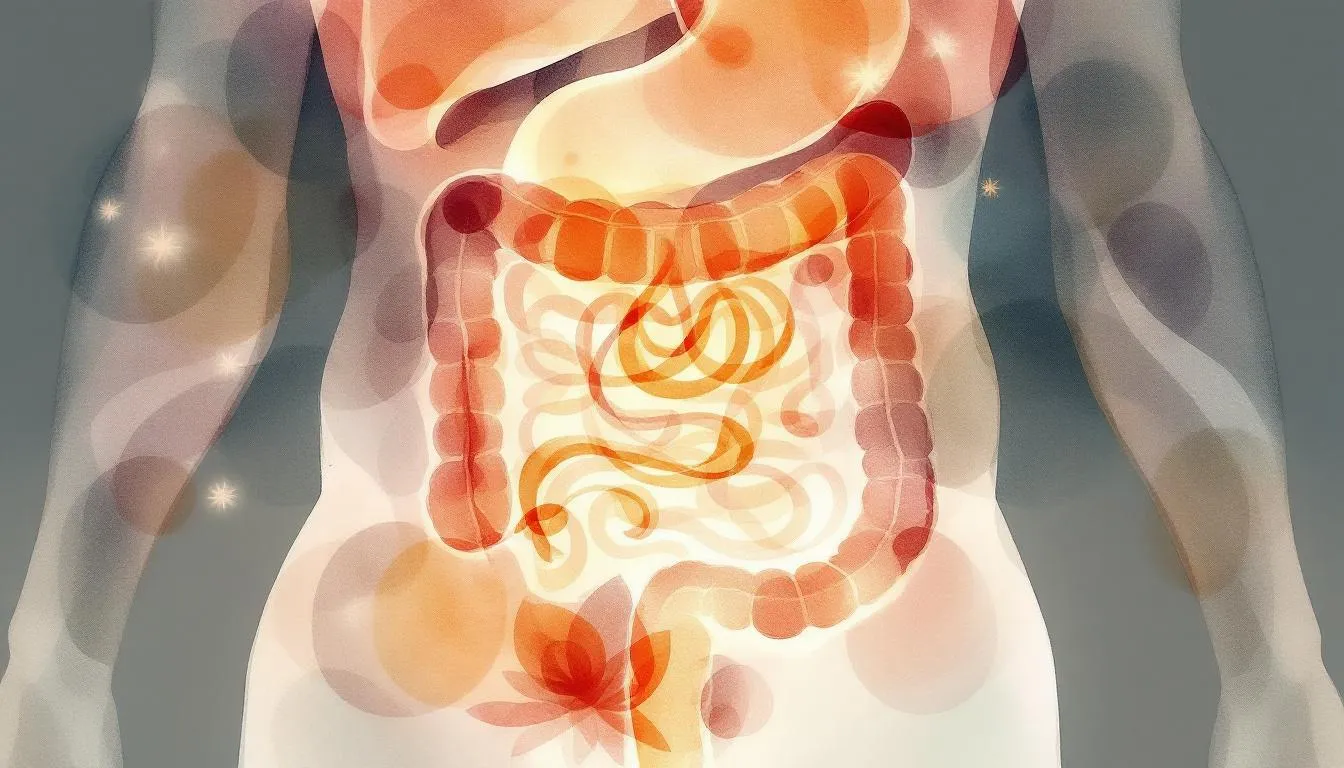 Artistic illustration of the human digestive system showing a translucent torso with highlighted intestines and stomach in warm orange and red tones against a soft background