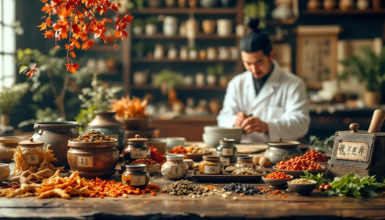 A traditional Chinese medicine doctor in a white lab coat preparing herbal remedies at a wooden table covered with colorful dried herbs, berries, roots, and ceramic jars with Chinese labels. The scene is set in a traditional apothecary with shelves of medicine jars in the background and vibrant orange autumn maple leaves decorating the foreground.