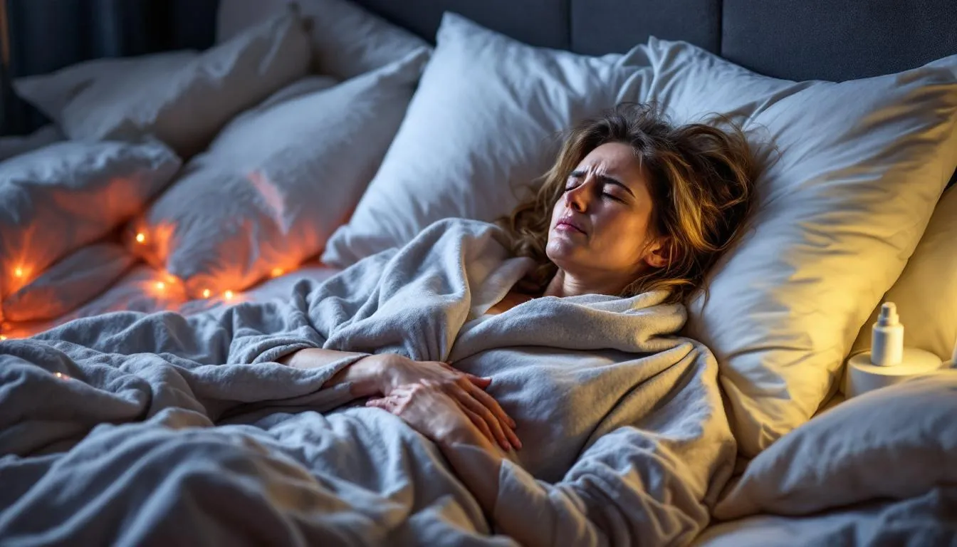 A woman lying in bed in dim lighting, resting with her hand placed on her abdomen"