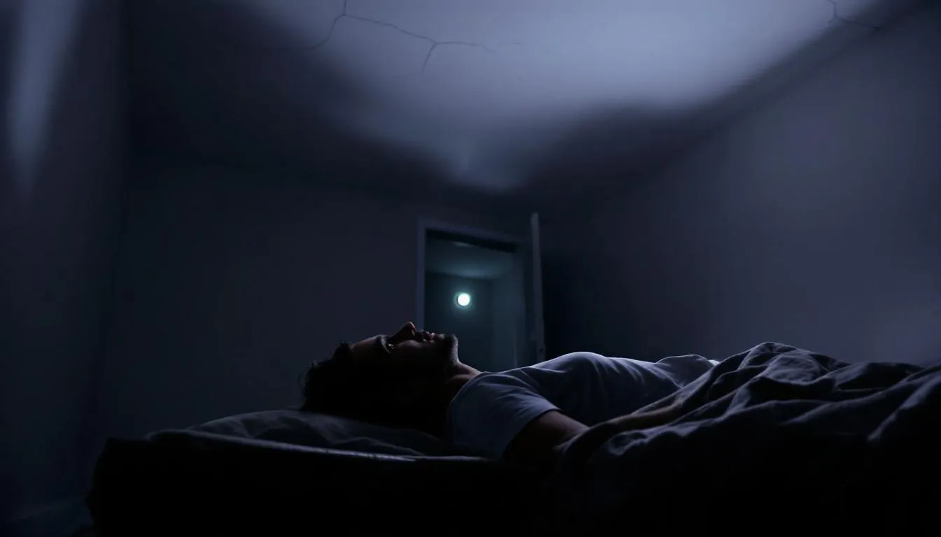 A person lying awake in bed at night in a dark room, with a small bright light visible through an open doorway in the background