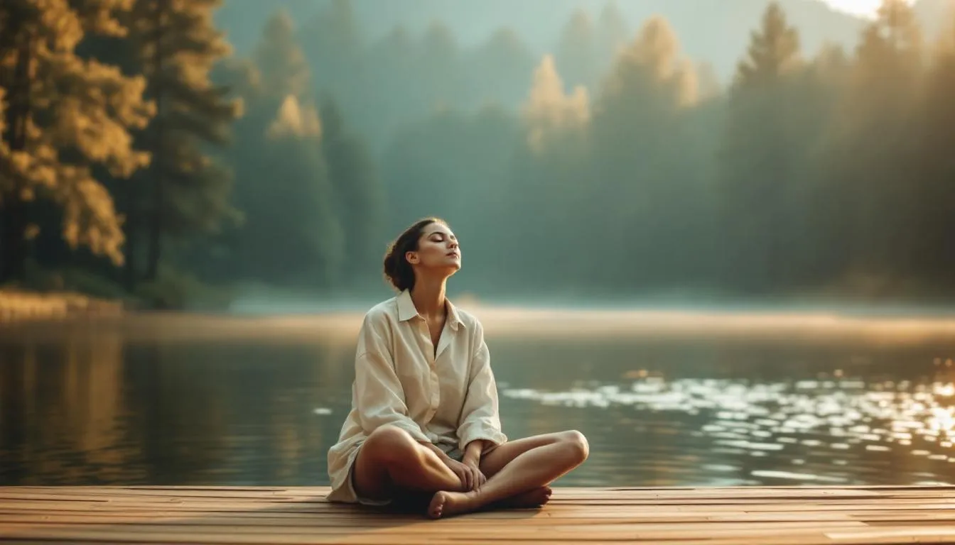 A person is sitting peacefully in a serene environment, practicing relaxation techniques such as deep breathing and muscle relaxation to improve sleep quality and manage insomnia symptoms. This calm setting promotes good sleep habits and provides a space for effective treatment of sleep disorders.