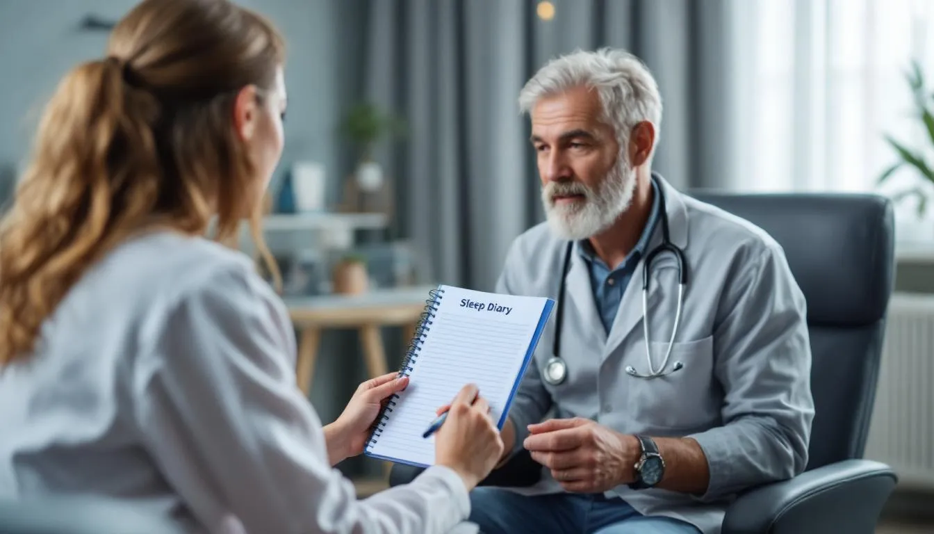 A healthcare provider is discussing a patient's sleep diary, focusing on their sleep habits and insomnia symptoms to identify effective treatments for their sleep disorder. The consultation aims to improve the patient's sleep quality and address issues like trouble falling asleep and staying asleep.