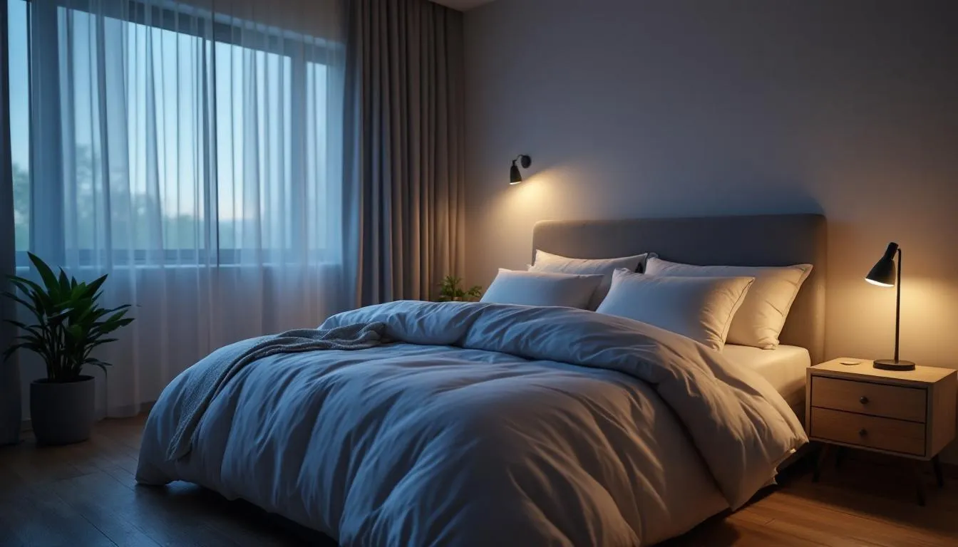A tranquil bedroom is depicted with soft, dim lighting and cozy bedding, creating an inviting atmosphere ideal for promoting good sleep habits and improving sleep quality. This serene setup encourages relaxation, essential for those experiencing insomnia symptoms or trouble sleeping.