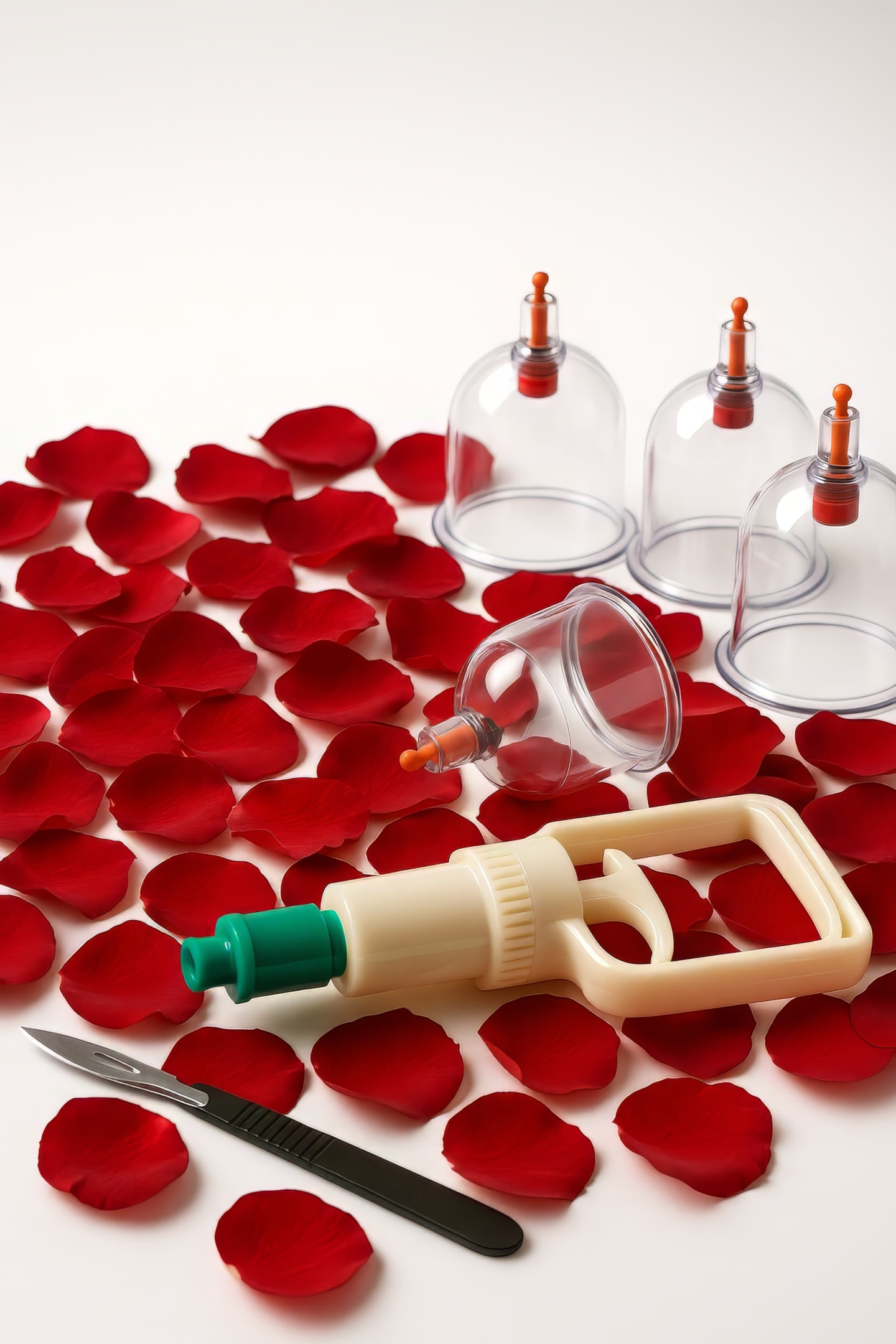 Cupping therapy equipment including clear glass suction cups with orange tops, a manual pump, and surgical scalpel arranged on a white surface scattered with red rose petals