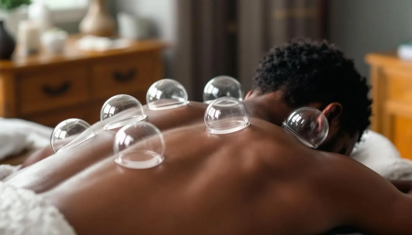 In a traditional Chinese medicine clinic, an African American patient lies face down with bright glass cupping cups placed across their back and shoulders, showcasing the ancient healing technique of cupping therapy. This cupping session aims to enhance blood circulation and provide pain relief from muscle tension and chronic back pain.
