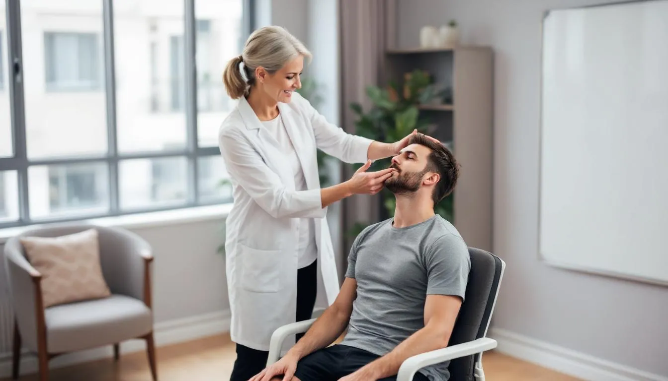 A physical therapist is guiding a patient through neck strengthening exercises aimed at improving posture and alleviating neck and shoulder pain, particularly addressing issues like forward head posture and dowager's hump. The therapist demonstrates proper alignment and techniques to engage neck muscles and upper back muscles for better support and strength.