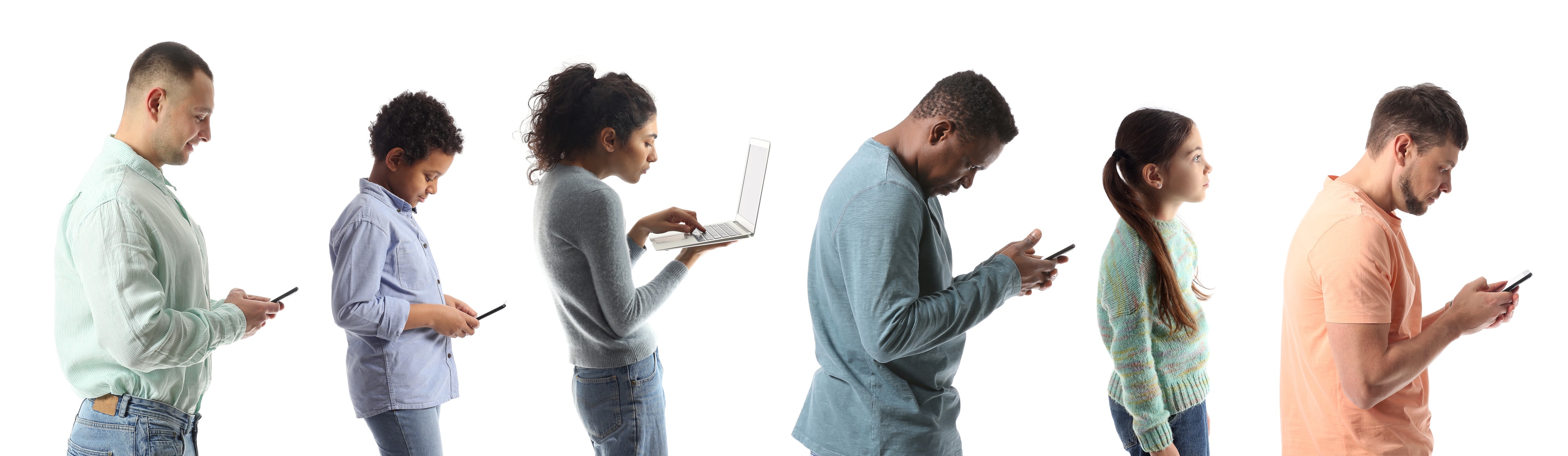 Six diverse people in a row using smartphones and laptop, all looking down at their devices