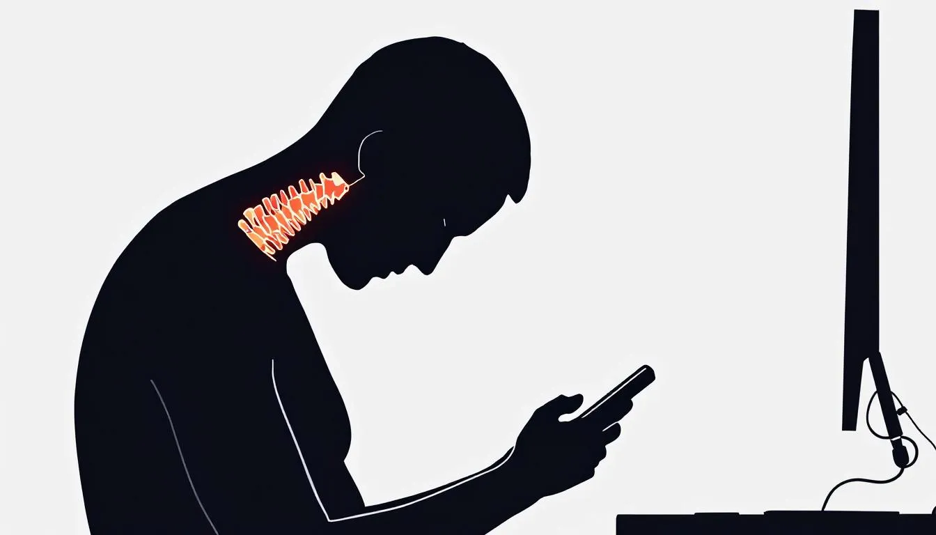 An illustration depicting tech neck, showing a person looking down at a phone with visible neck strain.