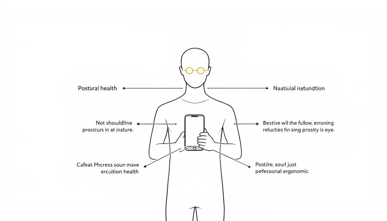 A person demonstrating proper positioning of a phone at eye level to prevent tech neck.
