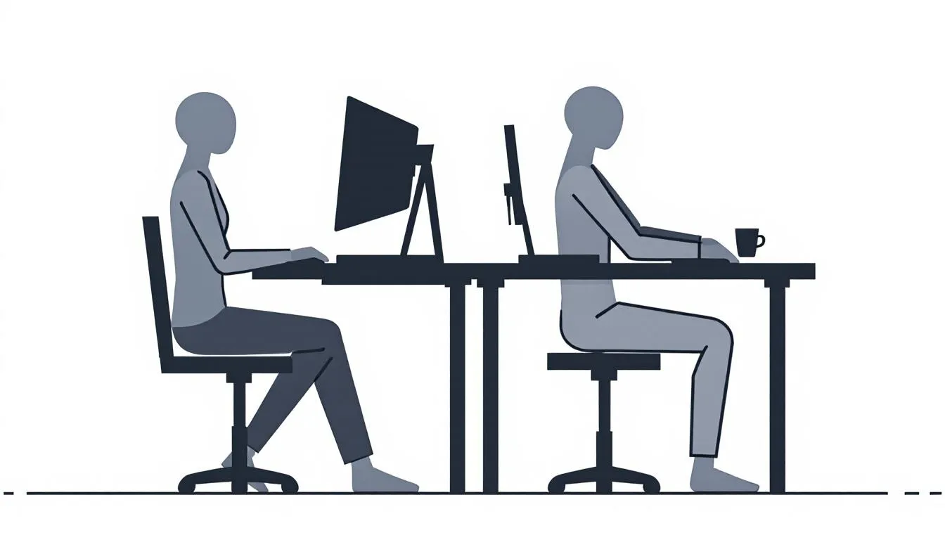 A comparison image of good and poor posture while sitting at a desk.