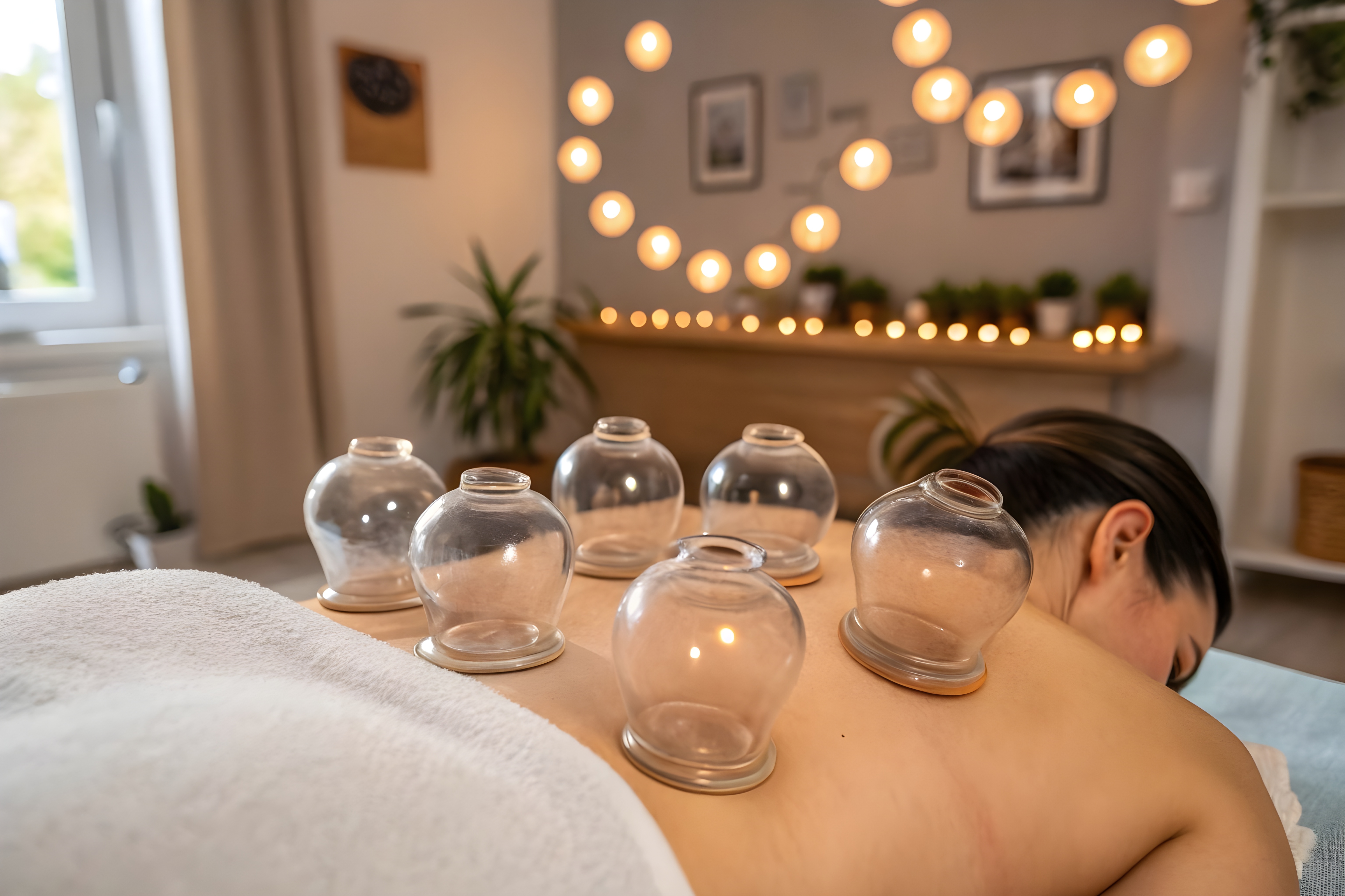 Person receiving cupping therapy with multiple glass cups placed on their back in cozy room with string lights