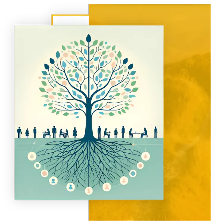 Illustration eines Baumes mit Wurzeln und Menschen als Symbol für das soziale System in der Systemischen Therapie