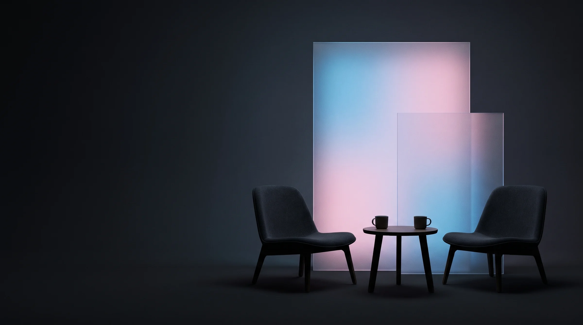 Zwei Sessel an einem kleinen Tisch, dahinter leuchtende Milchglas-Scheiben im Licht von decaid.ai (KI-generiertes Bild)