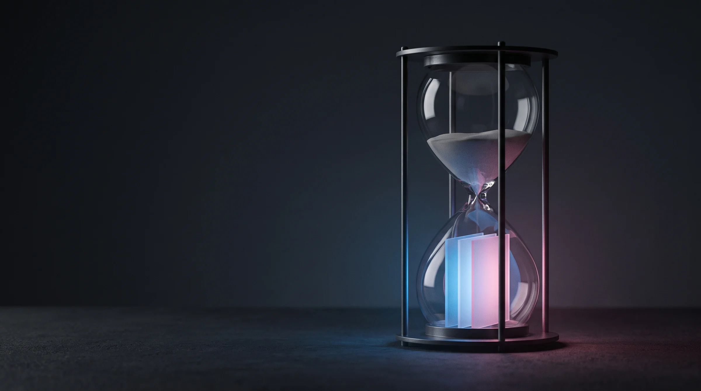Moderne Sanduhr, in der unteren Kammer leuchten Milchglas-Scheiben im Verlauf von decaid.ai (KI-generiertes Bild)