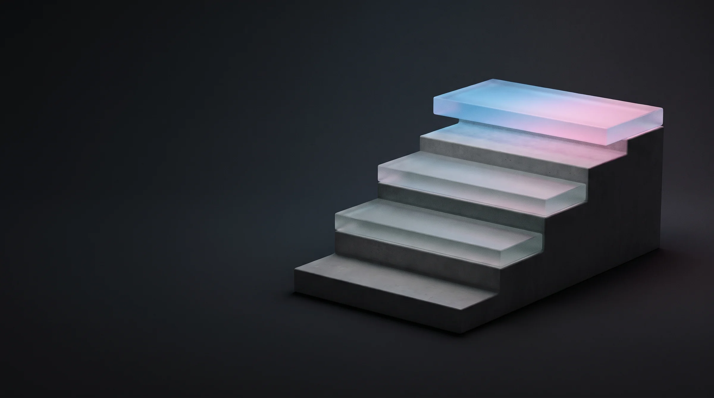 Treppe aus Beton, die oberen Stufen aus leuchtendem Milchglas im Licht von decaid.ai (KI-generiertes Bild)
