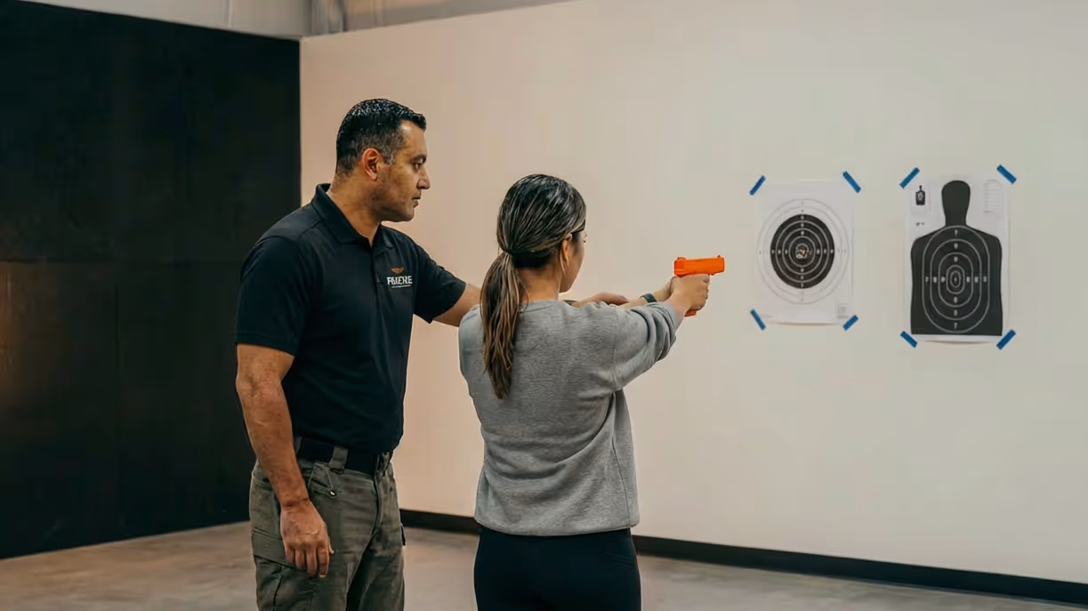 PracTac instructor guiding a student as she practices safe firearm handling with a training pistol at indoor targets.