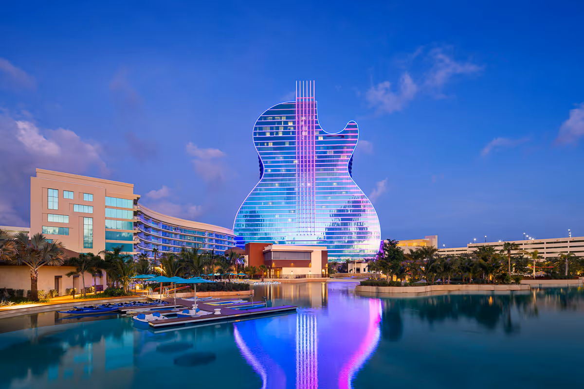 Hard Rock Hotel guitar-shaped building in Hollywood, Florida.