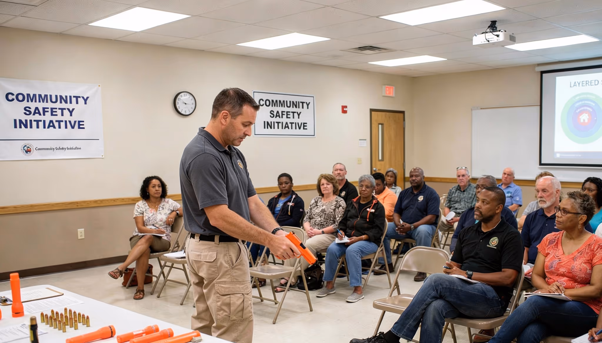 PracTac instructor demonstrating a training firearm to a seated group during a community safety class.