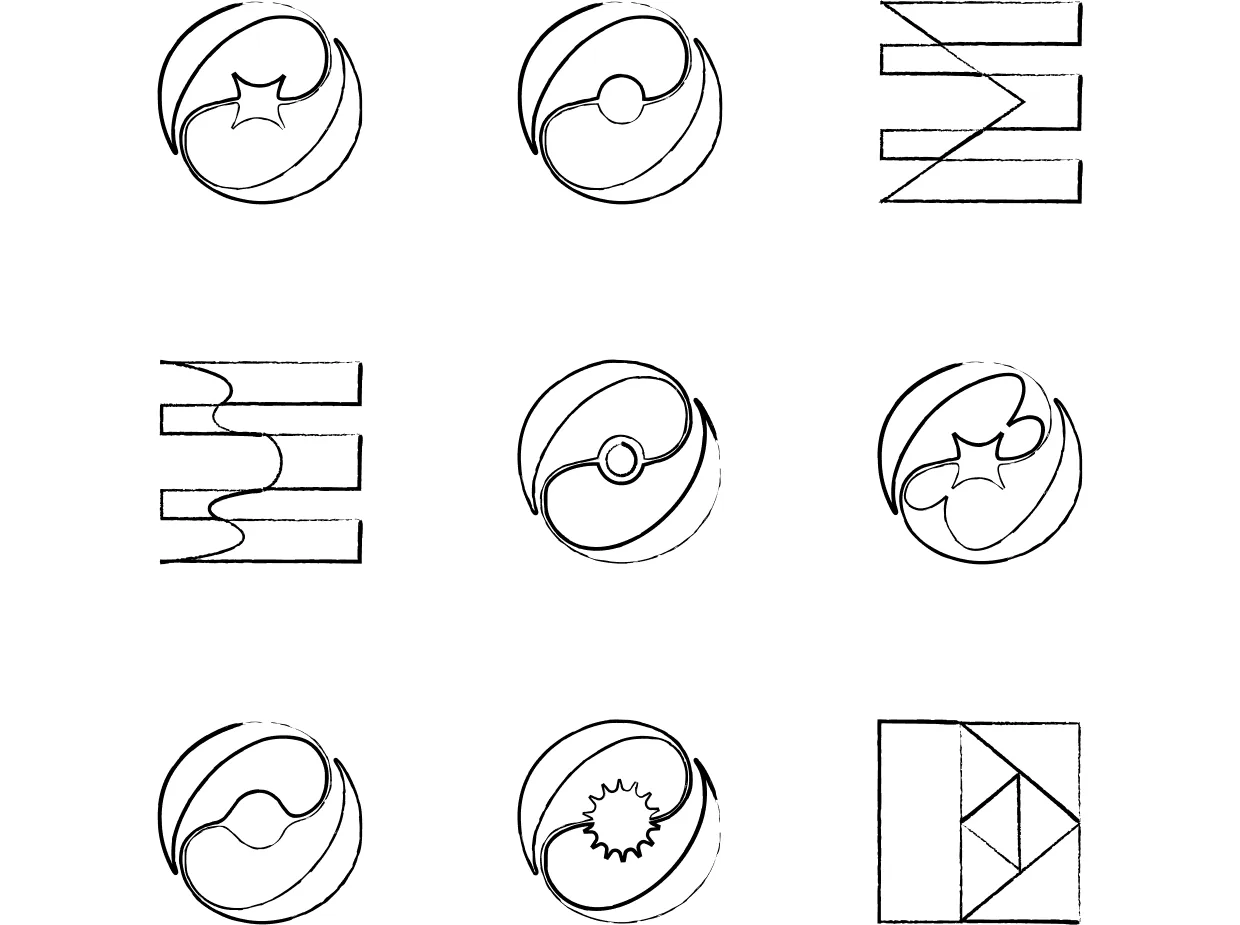 Nine pencil sketches exploring the Essency logo mark