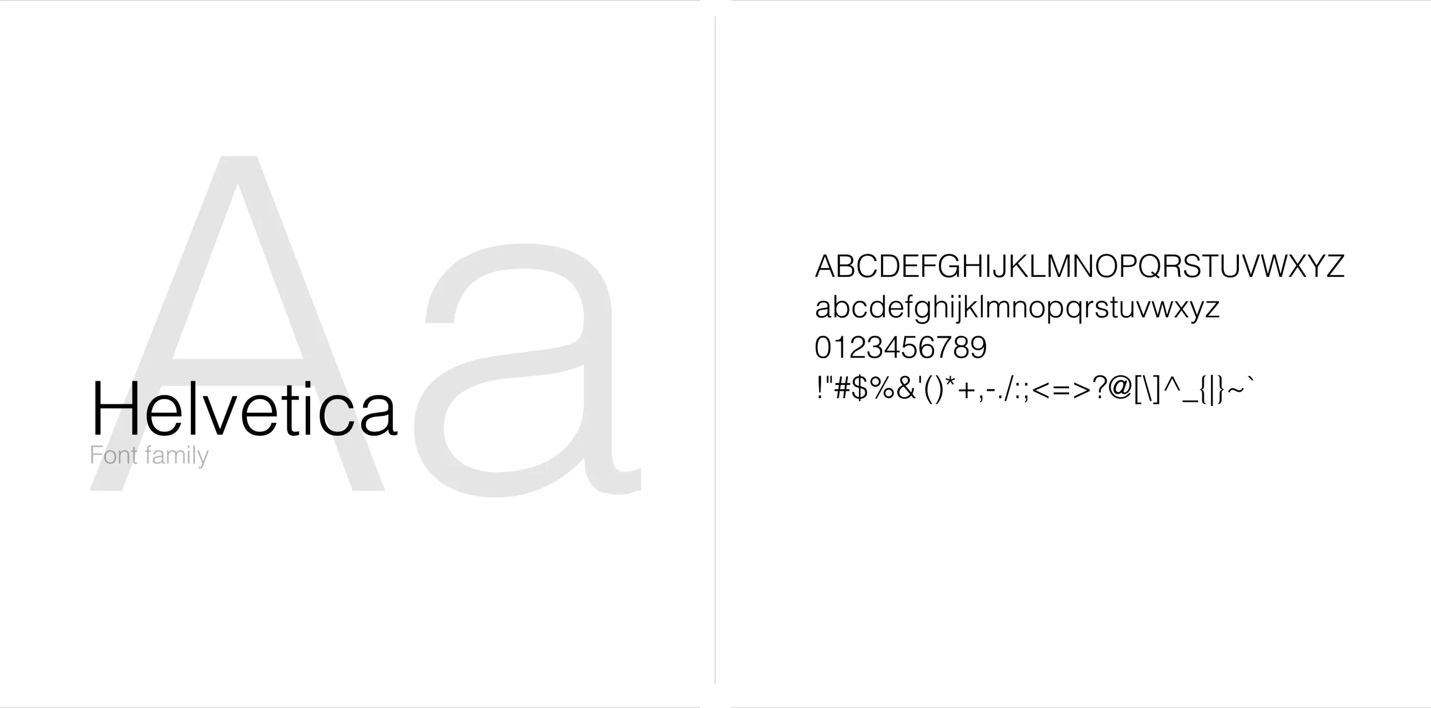 Helvetica type specimen: Aa, the alphabet, numerals and symbols