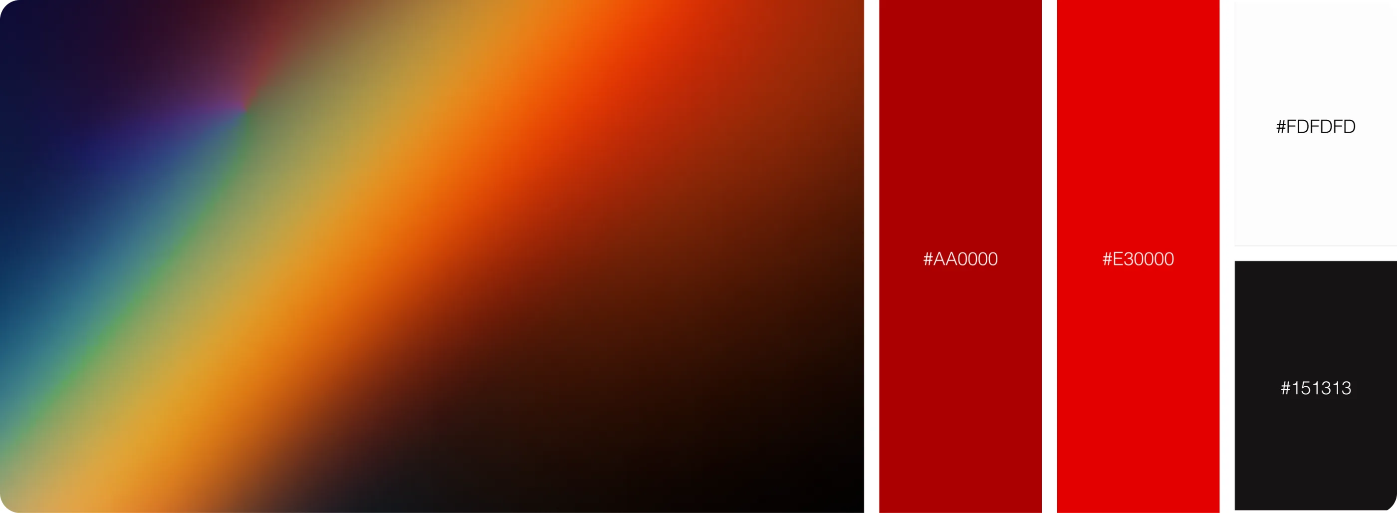 Colour palette: a spectral gradient, reds #AA0000 and #E30000, off-white #FDFDFD and near-black #151313