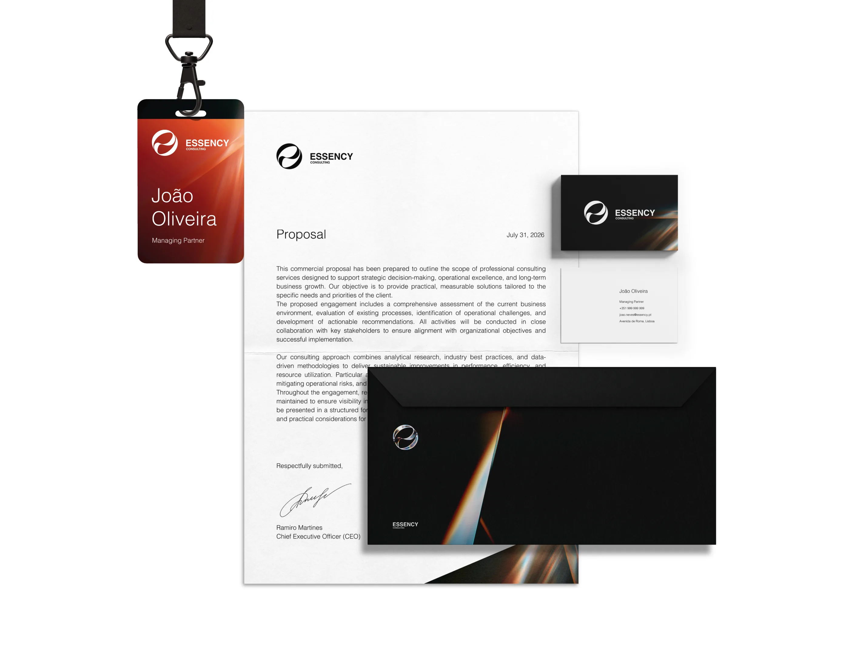 Essency stationery: badge, letterhead proposal, business cards and envelope