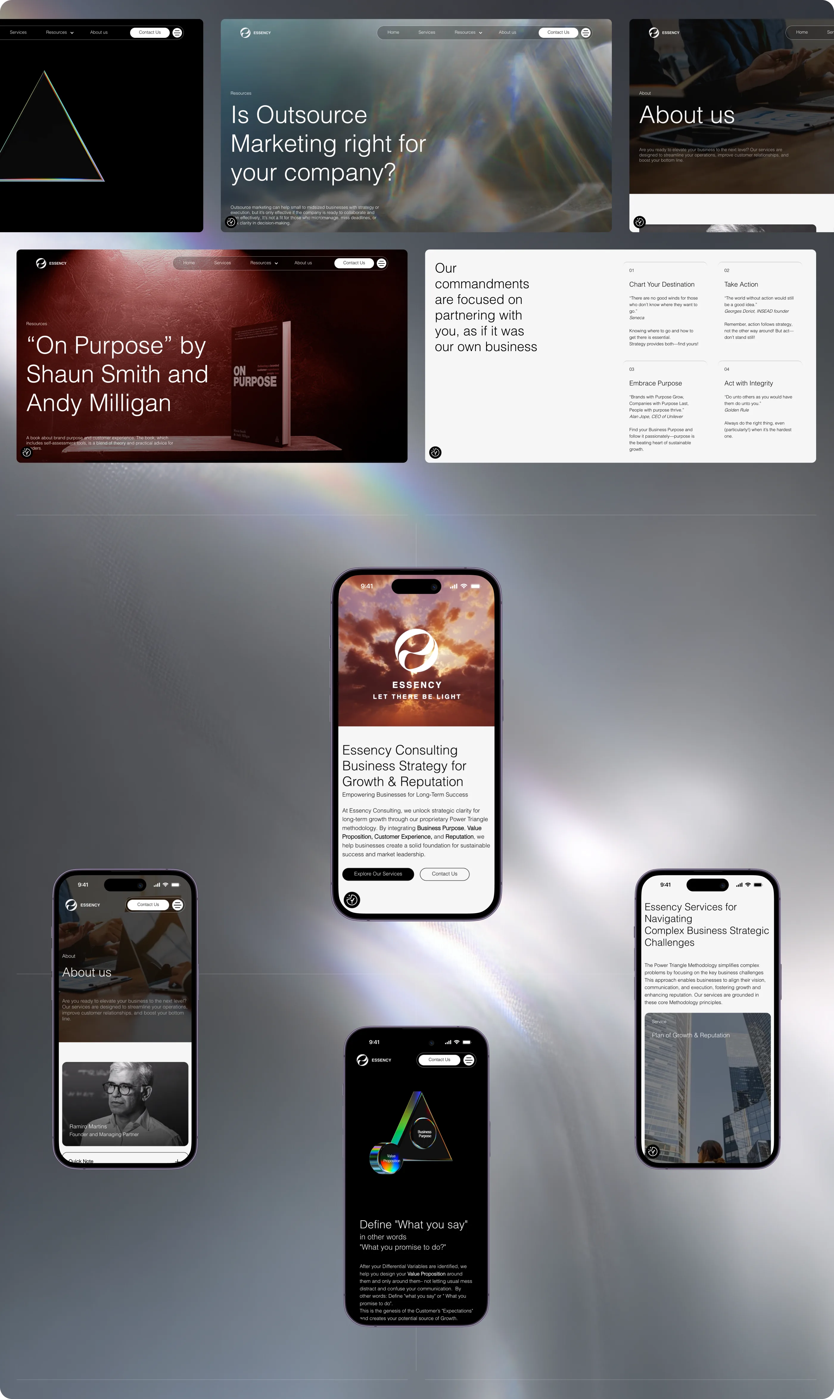 Pages of the Essency website on desktop and on five phones