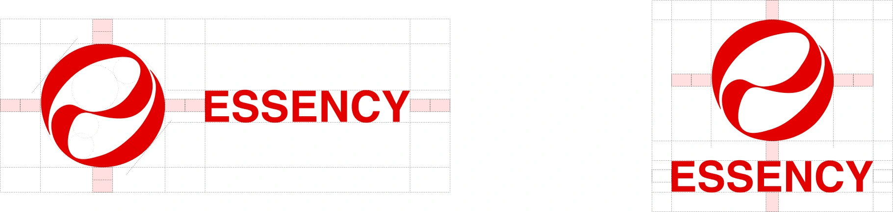 Horizontal and vertical Essency logo lockups with clear-space guides