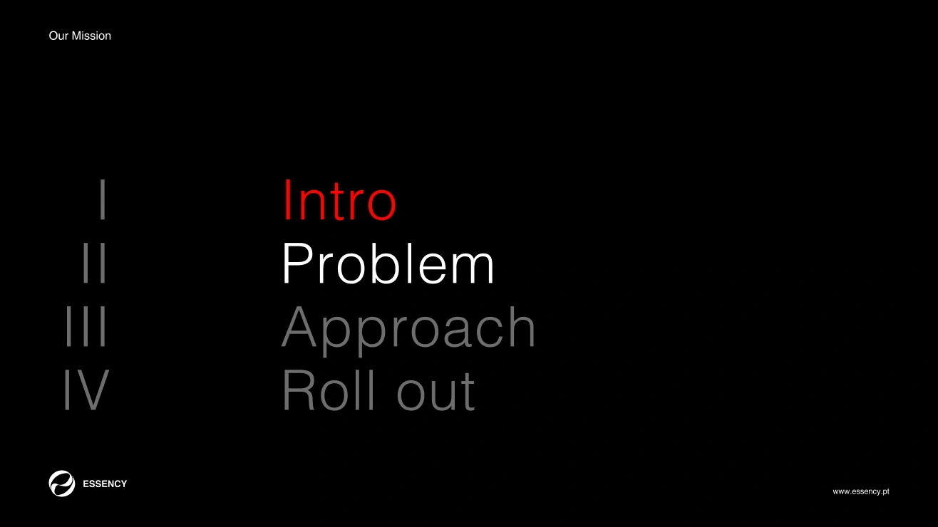 Agenda slide: Intro, Problem, Approach, Roll out