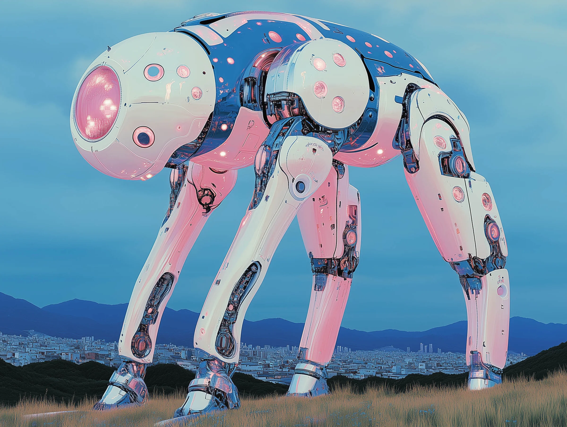 Ein futuristischer Roboter in einer weiten Landschaft, der Technologie und die Natur verbindet.