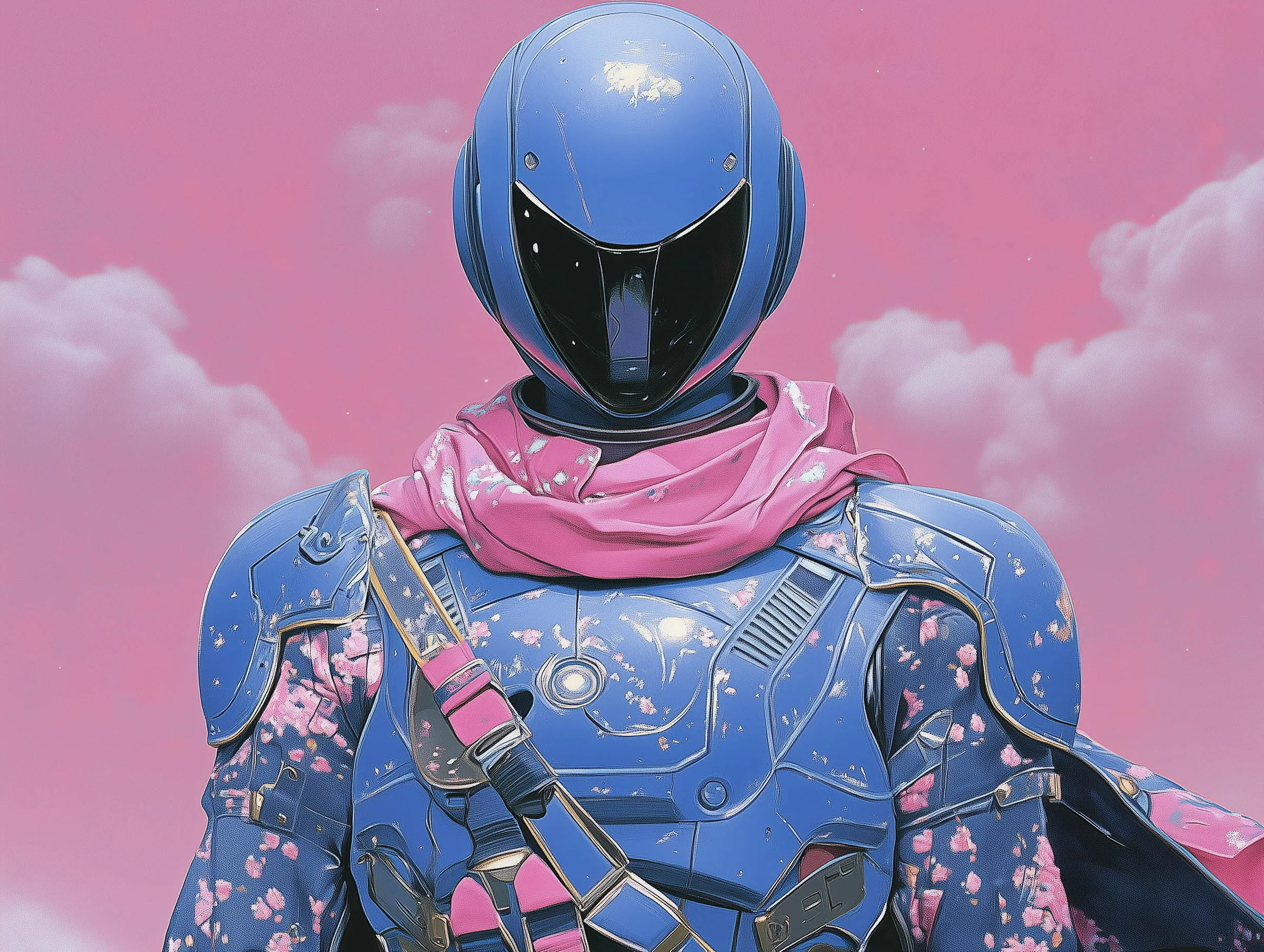Ein futuristischer Superheld in leuchtendem Blau und Rosa, der eine energiegeladene und starke Präsenz ausstrahlt.