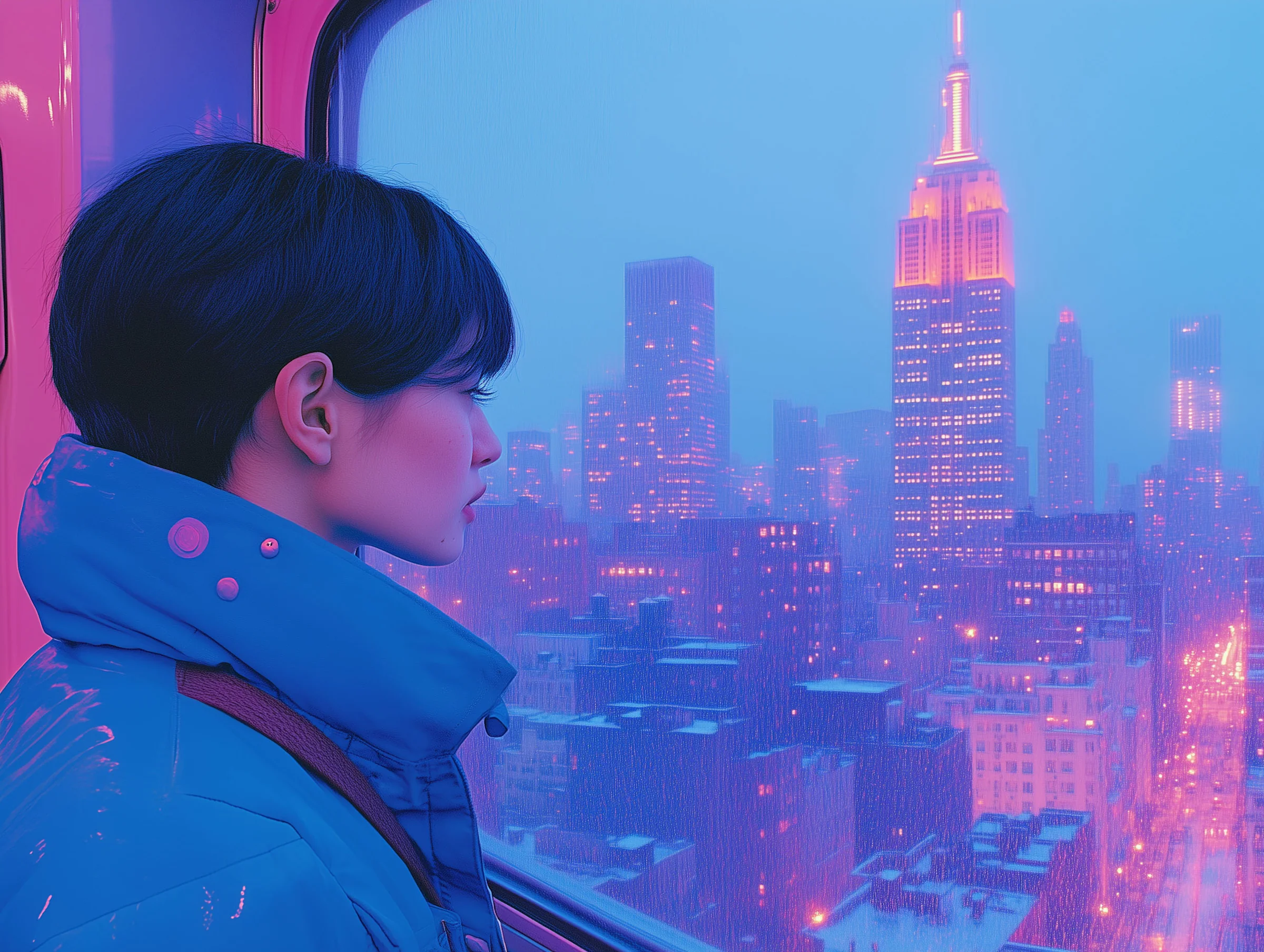 Eine junge Frau im Profil vor einer Skyline-Aussicht aus dem Zug, vermittelt eine moderne, nachdenkliche Stimmung.