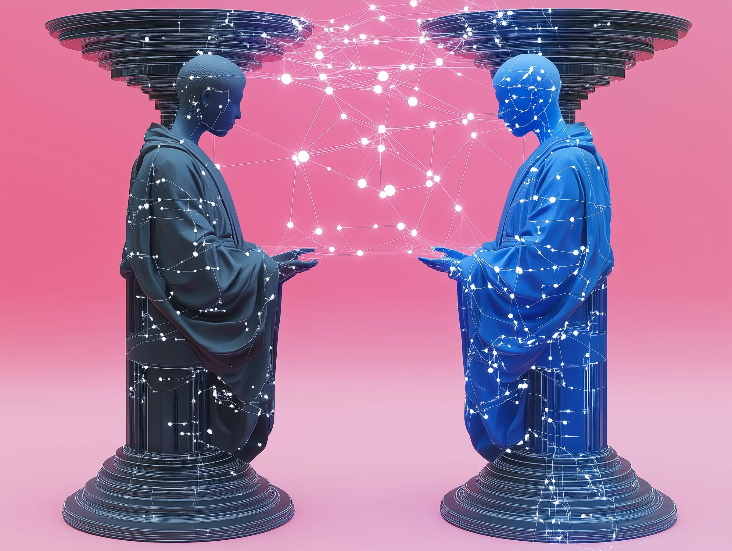 Zwei stilisierte Figuren, die durch ein Netzwerk von Datenpunkten verbunden sind, symbolisieren Technologie und Verbindung.