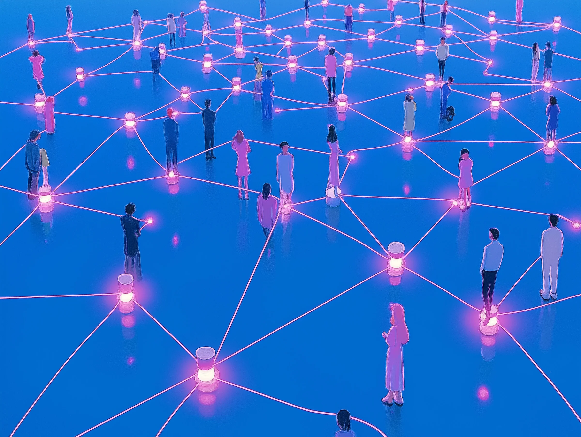 Abstraktes Netzwerk aus Menschen und Linien auf blauem Hintergrund, ideal für Tech-Themen.