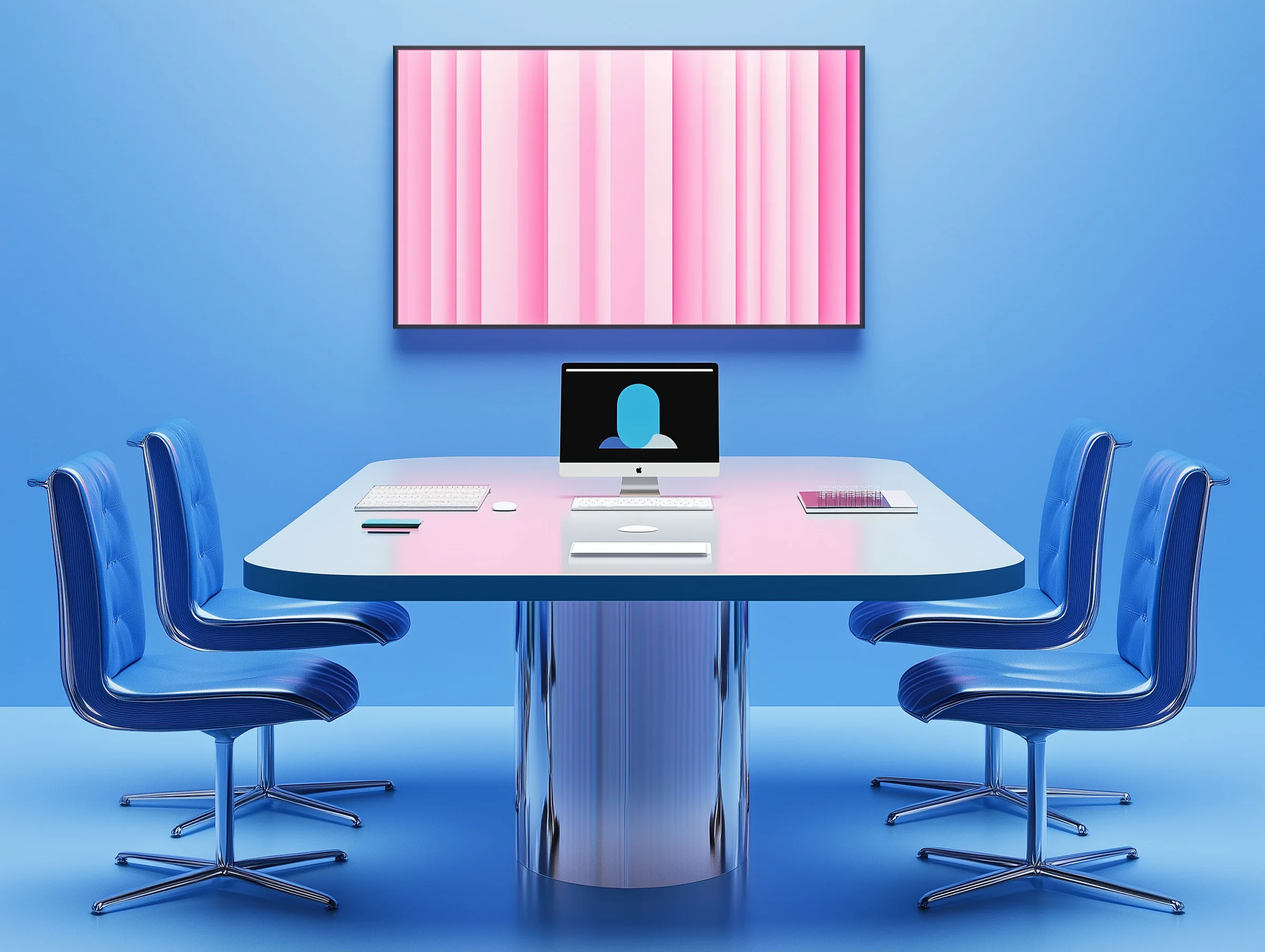 Modernes Büro-Setup mit Konferenztisch und Bildschirm, ideal für Tech-Präsentationen und Meetings.