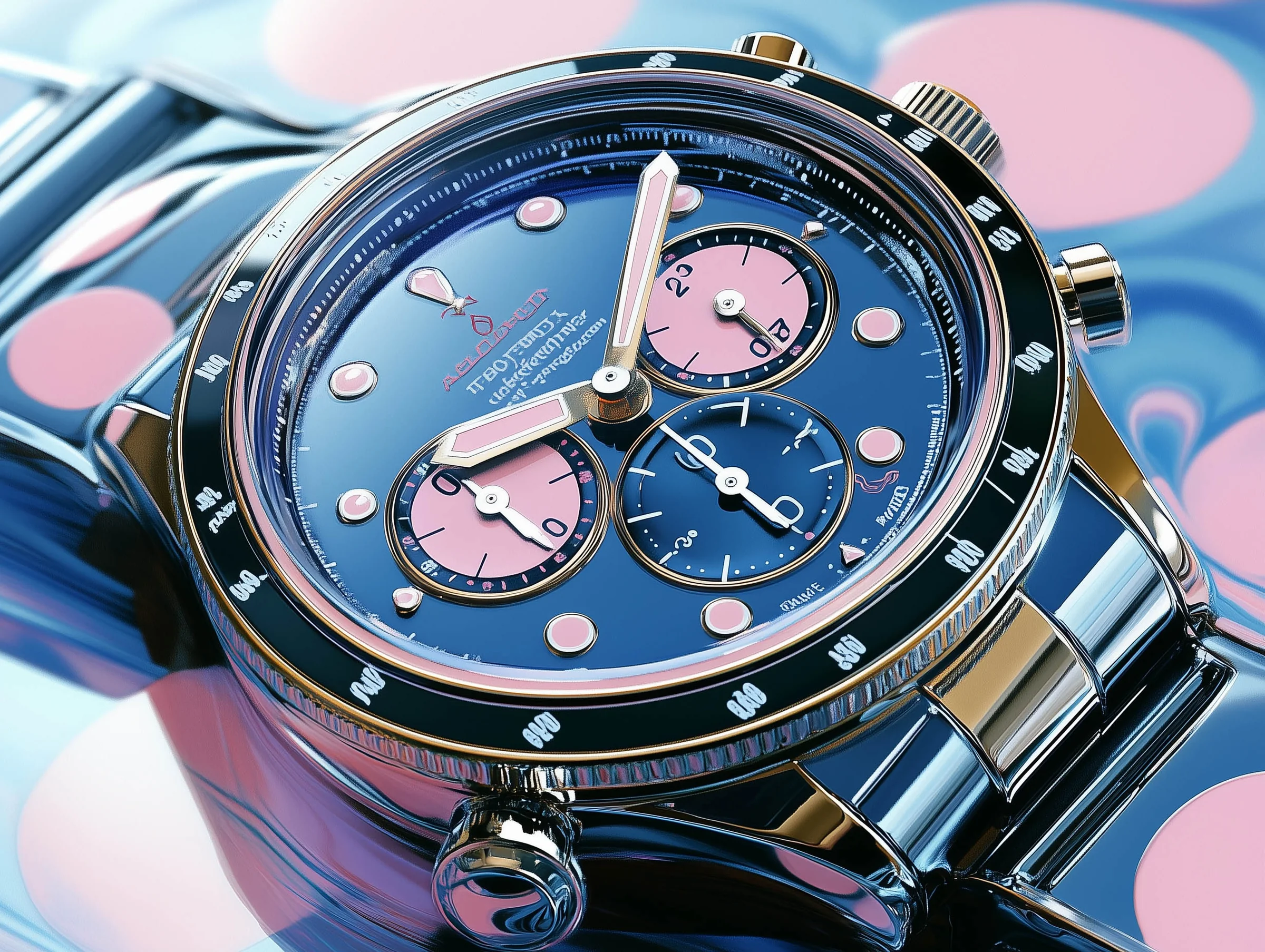 Nahaufnahme einer Armbanduhr mit blauem und pinkem Zifferblatt