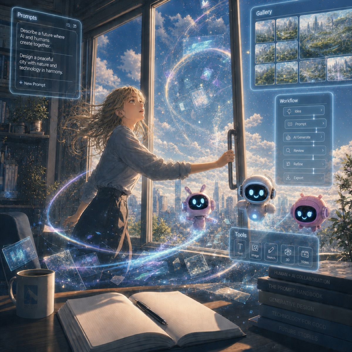 Ein weit geöffnetes Fenster mit Blick über eine Stadt, davor schweben kleine freundliche Roboter und Prompt-Fenster