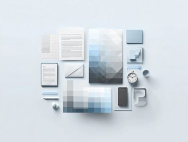Layout-Mockup mit Dokumenten und Farbflächen, Sinnbild für ein Corporate Design als lesbares Regelwerk