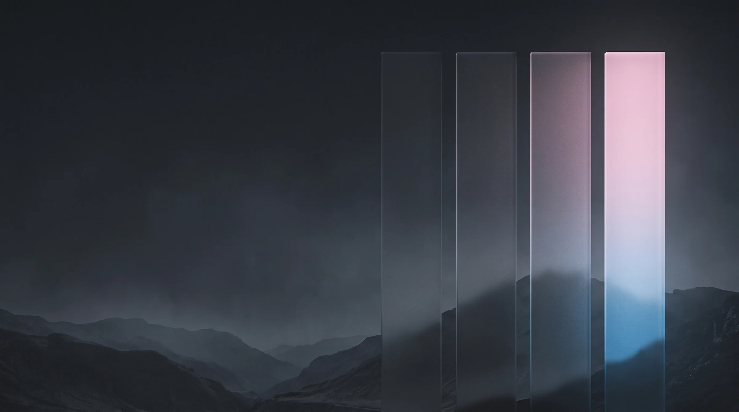 Glassäulen über einer Landschaft, im Licht von decaid.ai (KI-generiertes Bild)